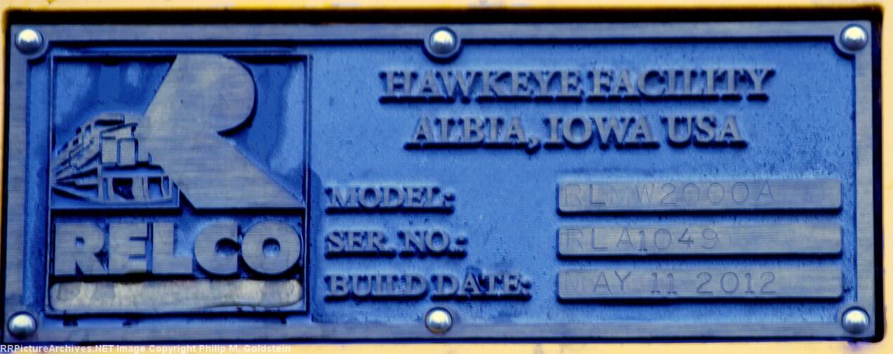 HZGX 201 builders plate: RELCO Hawkeye Facility, Albia, Iowa; model: RLMW 2000A; c/n RLA 1049; built: May 11, 2012 at Flynn, TX 